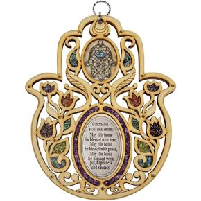 Karma and Luck - Wooden Real Multi-Stone Hamsa Wall Blessing with Real Amethyst Stone To Protect and Enrich Your Home Handmade with Love in the Holy Land | Height 10" inches, width 8" inches.