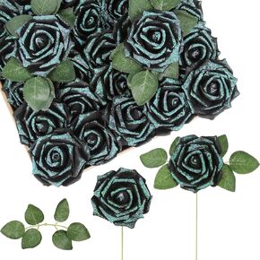Foam Flowers,50PCS Black Roses 3.15in Glitter Roses Artificial Flowers with Stems for Crafts DIY Wedding Bouquets Baby Shower Party Home Decorations(Black) in Saudi Arabia
