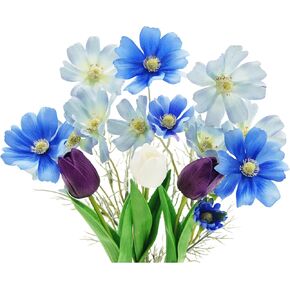 FERIAL 6 Pcs Artificial FlowersTulips Artificial Gerbera Daisies Flowers Bouquet Silk Flowers Floral Arrangements for Home Garden Outdoor Wedding Arrangement Table Vase Decor(Blue)