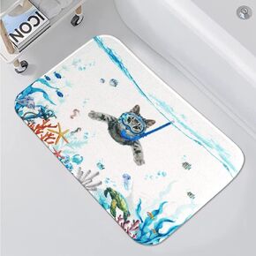 Fowocu Funny Cat Small Bathroom Rugs Mat Ocean Sea Animal Bath Rugs Water Absorbent Non Slip Shower Mat Soft Microfiber Cute Bath Mats for Bathroom Decor (Blue, 24''×16'')