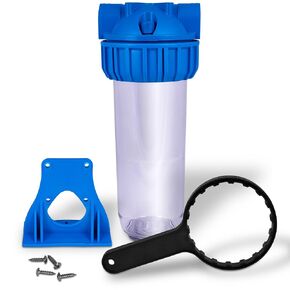 10 inch Transparent Standard Water Filter Housing, Presser Relief Button, 3/4" Inlet/Outlet Brass Port, Accepts Standard 10"x 2.5" Cartridges, 3/4" Brass Port, Mounting Hardware Included (1 Set)