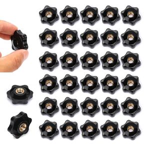 30PCS 1/4-20 Knob, 6-Star Knobs, Nylon Female Threaded Knobs, Black Screw-On Type Thru Threaded Knob Nuts, Hand Tighten Clamping Knobs