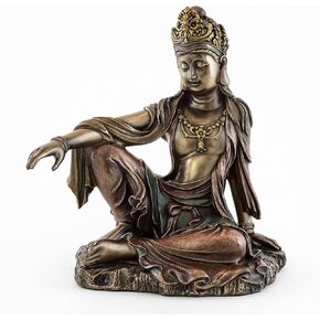 Top Collection H 7.25" W 6.5" Water & Moon Quan Yin in Royal Ease Pose Statue in Cold Cast Bronze - Goddess of Mercy Buddha Statue