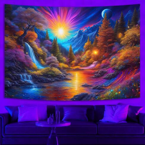 Manicer Fantasy Mountain Forest Tapestry, Blacklight Waterfall Sun Landscape Watercolor UV Reactive Aesthetic Lakes Glowing Tapestry Wall Hanging for Bedroom, Living Room - 51.2" x 59.1" in Saudi Arabia