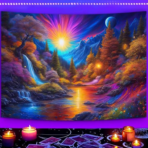 Manicer Fantasy Mountain Forest Tapestry, Blacklight Waterfall Sun Landscape Watercolor UV Reactive Aesthetic Lakes Glowing Tapestry Wall Hanging for Bedroom, Living Room - 51.2" x 59.1" in Saudi Arabia