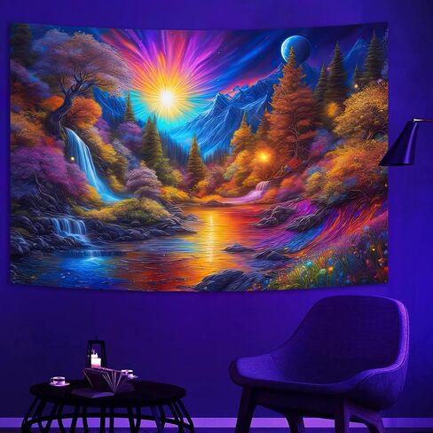 Manicer Fantasy Mountain Forest Tapestry, Blacklight Waterfall Sun Landscape Watercolor UV Reactive Aesthetic Lakes Glowing Tapestry Wall Hanging for Bedroom, Living Room - 51.2" x 59.1" in Saudi Arabia