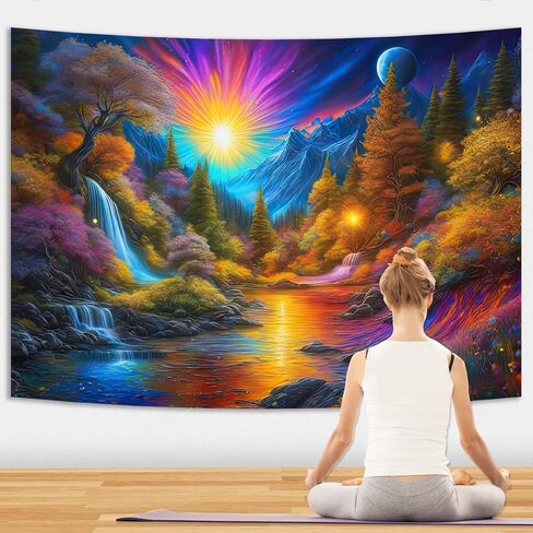 Manicer Fantasy Mountain Forest Tapestry, Blacklight Waterfall Sun Landscape Watercolor UV Reactive Aesthetic Lakes Glowing Tapestry Wall Hanging for Bedroom, Living Room - 51.2" x 59.1" in Saudi Arabia
