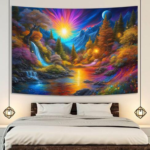 Manicer Fantasy Mountain Forest Tapestry, Blacklight Waterfall Sun Landscape Watercolor UV Reactive Aesthetic Lakes Glowing Tapestry Wall Hanging for Bedroom, Living Room - 51.2" x 59.1" in Saudi Arabia