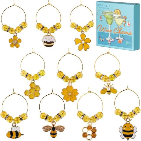 SUNNYCLUE 1 BOX 10PCS Enamel Bee Wine Glass Identifiers Charms Drink Marker Charms Tags Cute Flower Bee Honey Insect Stem Glasses Identifier for Gathering Wedding Holiday Gift Party Favor Drinks Decor in Saudi Arabia
