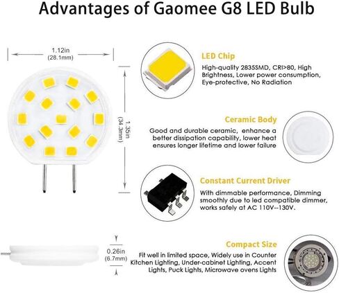 G8 لمبة LED عكس الضوء 3W لمبات إضاءة صغيرة رفيعة تعادل 20W-25W T4 G8 لمبة هالوجين قاعدة ثنائية الدبوس، 120 فولت أبيض دافئ 3000K G8 لمبة تحت إضاءة المطبخ المضاد، ضوء تحت الخزانة (8 عبوات) in Saudi Arabia