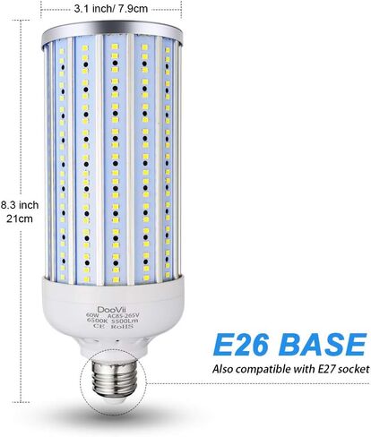 60 Watt LED Corn Light Bulb(500W Equivalent),5500 Lumen 6500K,Cool Daylight White LED Street and Area Light,E26/E27 Medium Base,for Outdoor Indoor Garage Factory Warehouse High Bay Barn and More in Saudi Arabia