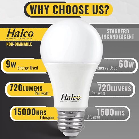 مصابيح Halco ProLed LED A19 2 غير قابلة للتعتيم، متجمد 120 فولت، 60 وات كفاءة مكافئة 9 وات، 720 لومن، 15000 ساعة، E26، 6 عبوات (3000 كيلو أبيض دافئ) in Kuwait