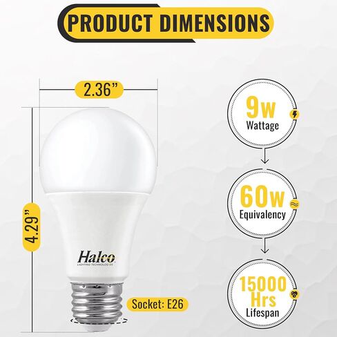 مصابيح Halco ProLed LED A19 2 غير قابلة للتعتيم، متجمد 120 فولت، 60 وات كفاءة مكافئة 9 وات، 720 لومن، 15000 ساعة، E26، 6 عبوات (3000 كيلو أبيض دافئ) in Kuwait