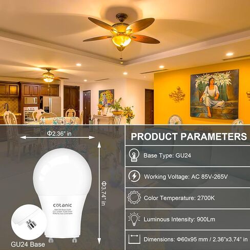 لمبة الإضاءة Cotanic GU24 4000K ضوء النهار A19 LED لمروحة السقف، 2 لمبات إضاءة شوكية مع قاعدة قفل ملتوية GU24 9W 60W CFL بديلة، 900LM، غير قابلة للتعتيم، 4 عبوات in Saudi Arabia