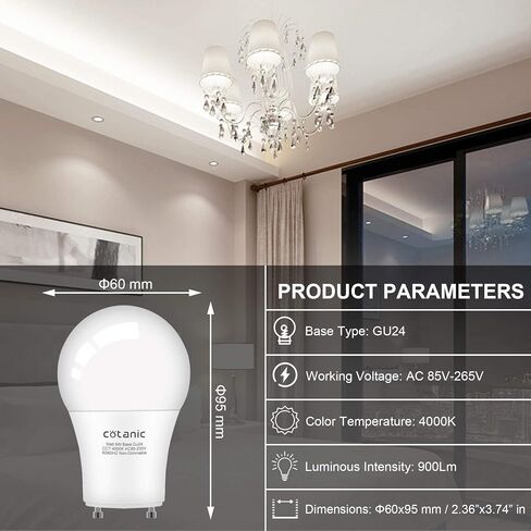 لمبة الإضاءة Cotanic GU24 4000K ضوء النهار A19 LED لمروحة السقف، 2 لمبات إضاءة شوكية مع قاعدة قفل ملتوية GU24 9W 60W CFL بديلة، 900LM، غير قابلة للتعتيم، 4 عبوات in Saudi Arabia
