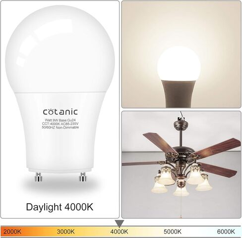 لمبة الإضاءة Cotanic GU24 4000K ضوء النهار A19 LED لمروحة السقف، 2 لمبات إضاءة شوكية مع قاعدة قفل ملتوية GU24 9W 60W CFL بديلة، 900LM، غير قابلة للتعتيم، 4 عبوات in Saudi Arabia