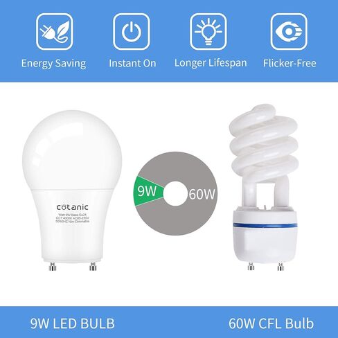 لمبة الإضاءة Cotanic GU24 4000K ضوء النهار A19 LED لمروحة السقف، 2 لمبات إضاءة شوكية مع قاعدة قفل ملتوية GU24 9W 60W CFL بديلة، 900LM، غير قابلة للتعتيم، 4 عبوات in Saudi Arabia