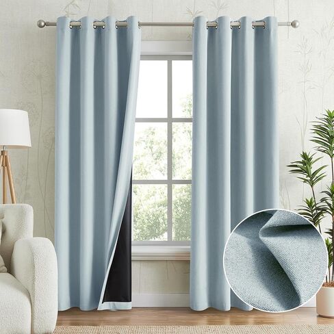 Light Blue 100% Blackout Curtains for Bedroom, Thermal Insulated Linen Look Grommet Window Curtain Drapes with Black Back for Living Room, 52 x 63 Inch Length, 2 Panels in Saudi Arabia