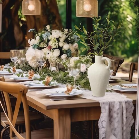10" Matte Textured White Ceramic Vase, Including 2 Pcs 20 Inch Olive Branches for Vases, Decorative Centerpiece Jug Vase, White Ceramic Decor for Living Room Coffee Table Office in Saudi Arabia