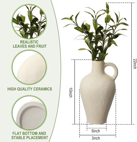 10" Matte Textured White Ceramic Vase, Including 2 Pcs 20 Inch Olive Branches for Vases, Decorative Centerpiece Jug Vase, White Ceramic Decor for Living Room Coffee Table Office in Saudi Arabia