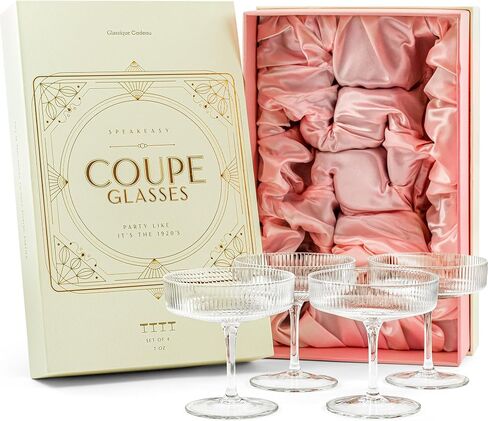 Vintage Art Deco Coupe Glasses | Set of 4 | 7 oz Classic Cocktail Glassware for Champagne, Martini, Manhattan, Cosmopolitan, Sidecar | Crystal Speakeasy Style Saucer Goblets with Stems in Saudi Arabia