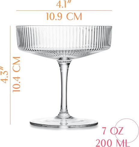 Vintage Art Deco Coupe Glasses | Set of 4 | 7 oz Classic Cocktail Glassware for Champagne, Martini, Manhattan, Cosmopolitan, Sidecar | Crystal Speakeasy Style Saucer Goblets with Stems in Saudi Arabia