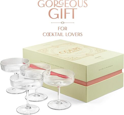 Vintage Art Deco Coupe Glasses | Set of 4 | 7 oz Classic Cocktail Glassware for Champagne, Martini, Manhattan, Cosmopolitan, Sidecar | Crystal Speakeasy Style Saucer Goblets with Stems in Saudi Arabia