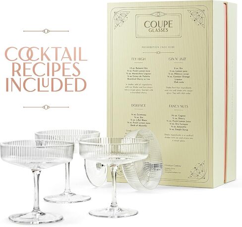 Vintage Art Deco Coupe Glasses | Set of 4 | 7 oz Classic Cocktail Glassware for Champagne, Martini, Manhattan, Cosmopolitan, Sidecar | Crystal Speakeasy Style Saucer Goblets with Stems in Saudi Arabia