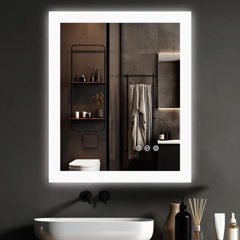 مرآة حمام مع أضواء LED، مرآة زينة للحمام مقاس 20 × 24 بوصة، مرآة زينة مضاءة للجدار، 3 ألوان قابلة للتعتيم، زر لمس، مقاومة للماء، مرآة مكياج مثبتة على الحائط مضادة للضباب in Saudi Arabia