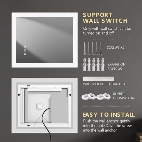 مرآة حمام مع أضواء LED، مرآة زينة للحمام مقاس 20 × 24 بوصة، مرآة زينة مضاءة للجدار، 3 ألوان قابلة للتعتيم، زر لمس، مقاومة للماء، مرآة مكياج مثبتة على الحائط مضادة للضباب in Saudi Arabia