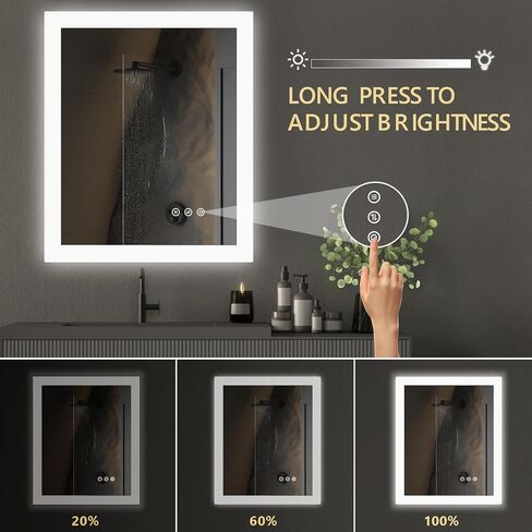 مرآة حمام مع أضواء LED، مرآة زينة للحمام مقاس 20 × 24 بوصة، مرآة زينة مضاءة للجدار، 3 ألوان قابلة للتعتيم، زر لمس، مقاومة للماء، مرآة مكياج مثبتة على الحائط مضادة للضباب in Saudi Arabia