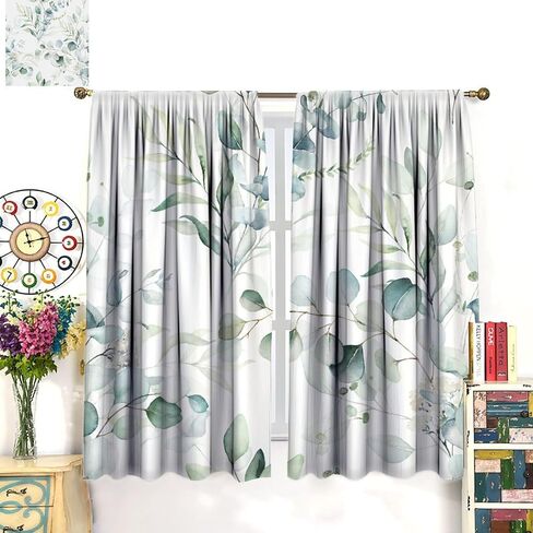 Eucalyptus Leaf Curtains, Watercolor Floral Spring Botanical Green Plants Herb Print Rod Pocket Blackout Window Treatment for Farmhouse Cafe Bedroom 42x45 Inch in Saudi Arabia