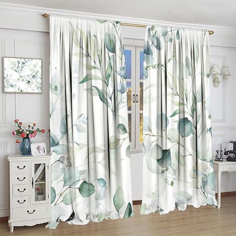 Eucalyptus Leaf Curtains, Watercolor Floral Spring Botanical Green Plants Herb Print Rod Pocket Blackout Window Treatment for Farmhouse Cafe Bedroom 42x45 Inch in Saudi Arabia
