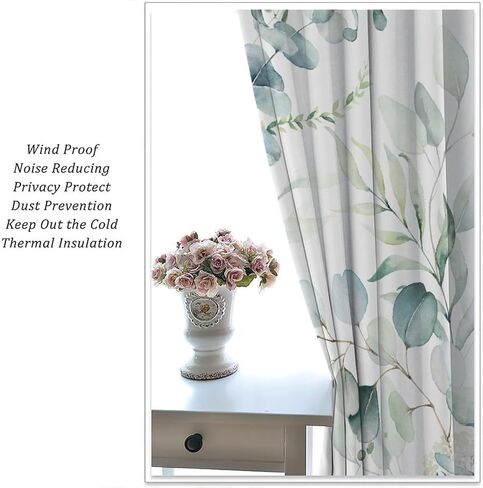 Eucalyptus Leaf Curtains, Watercolor Floral Spring Botanical Green Plants Herb Print Rod Pocket Blackout Window Treatment for Farmhouse Cafe Bedroom 42x45 Inch in Saudi Arabia