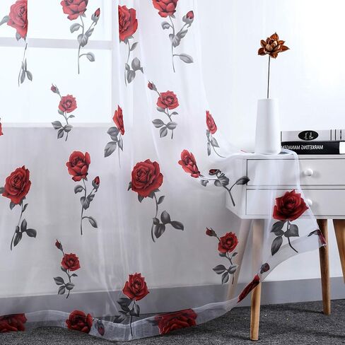 HUTO Christmas Rod Pocket Sheer Curtains for Living Room 84 Inches Long Red Rose Curtain Panels Sheer Drapes for Girl Bedroom 2 Panels in Kuwait