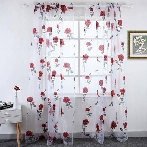 HUTO Christmas Rod Pocket Sheer Curtains for Living Room 84 Inches Long Red Rose Curtain Panels Sheer Drapes for Girl Bedroom 2 Panels in Kuwait