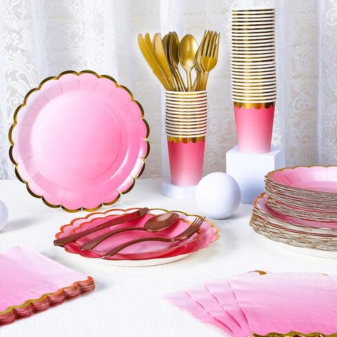 Yaomiao 336 Pcs Paper Plates Napkins Party Supply Disposable Dinnerware Set Scalloped Plates Cups Napkins with Plastic Forks Knives Spoons for 48 Guests Birthday Wedding Party(Gradient Blue, Classic) in Saudi Arabia