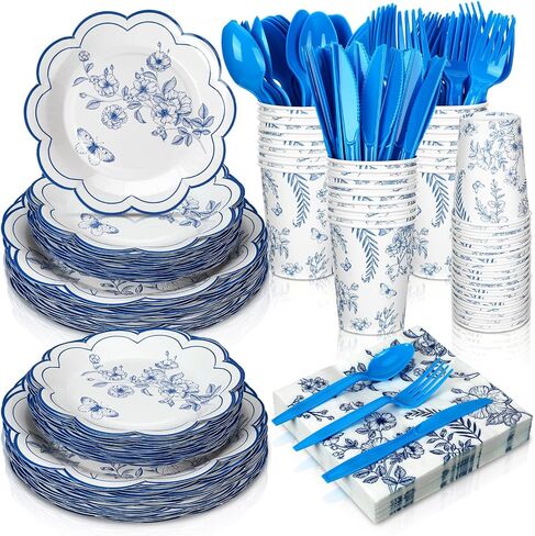 Yaomiao 336 Pcs Paper Plates Napkins Party Supply Disposable Dinnerware Set Scalloped Plates Cups Napkins with Plastic Forks Knives Spoons for 48 Guests Birthday Wedding Party(Gradient Blue, Classic) in Saudi Arabia