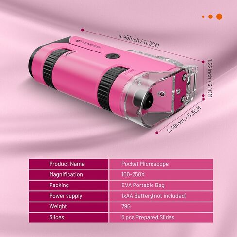 100x-250x Mini Pocket Microscope for Kids Adults, Protable Handheld Microscope with 5 Microscope Slides, Phone Adapter, Miniscope Portable Microscope Kit for Kids Adults Science Lab Education, Pink in Saudi Arabia
