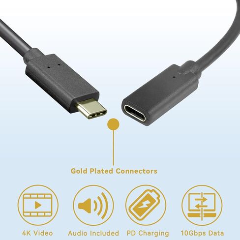 كابل تمديد Herfair USB من النوع C ذكر إلى أنثى، 0.6 قدم، متوافق مع Thunderbolt 3، نقل بيانات بسرعة 10 جيجابت في الثانية، شحن سريع 100 وات، دوران 180 درجة in Kuwait