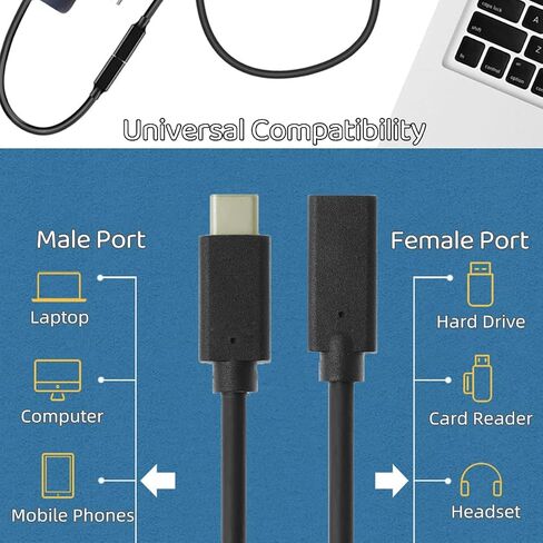 كابل تمديد Herfair USB من النوع C ذكر إلى أنثى، 0.6 قدم، متوافق مع Thunderbolt 3، نقل بيانات بسرعة 10 جيجابت في الثانية، شحن سريع 100 وات، دوران 180 درجة in Kuwait