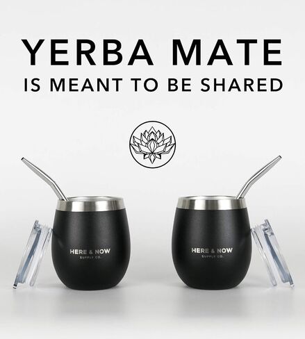 Here & Now Yerba Mate Cup and Bombilla Set | 2 Mate Gourds, Spill Resistant Lids, & Mate Straws | Bombilla Brush & Pouch Included | Yerba Mate Gourd Kit with Bombilla Mate & Mate Tea Cups (Black) in Saudi Arabia