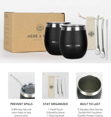 Here & Now Yerba Mate Cup and Bombilla Set | 2 Mate Gourds, Spill Resistant Lids, & Mate Straws | Bombilla Brush & Pouch Included | Yerba Mate Gourd Kit with Bombilla Mate & Mate Tea Cups (Black) in Saudi Arabia