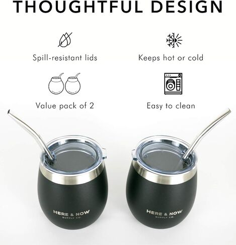 Here & Now Yerba Mate Cup and Bombilla Set | 2 Mate Gourds, Spill Resistant Lids, & Mate Straws | Bombilla Brush & Pouch Included | Yerba Mate Gourd Kit with Bombilla Mate & Mate Tea Cups (Black) in Saudi Arabia