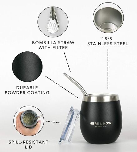 Here & Now Yerba Mate Cup and Bombilla Set | 2 Mate Gourds, Spill Resistant Lids, & Mate Straws | Bombilla Brush & Pouch Included | Yerba Mate Gourd Kit with Bombilla Mate & Mate Tea Cups (Black) in Saudi Arabia