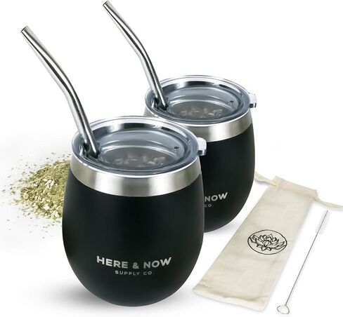 Here & Now Yerba Mate Cup and Bombilla Set | 2 Mate Gourds, Spill Resistant Lids, & Mate Straws | Bombilla Brush & Pouch Included | Yerba Mate Gourd Kit with Bombilla Mate & Mate Tea Cups (Black) in Saudi Arabia