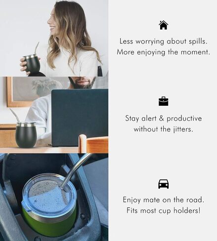 Here & Now Yerba Mate Cup and Bombilla Set | 2 Mate Gourds, Spill Resistant Lids, & Mate Straws | Bombilla Brush & Pouch Included | Yerba Mate Gourd Kit with Bombilla Mate & Mate Tea Cups (Black) in Saudi Arabia