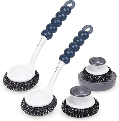 Stainless Steel Sponge Wool Scrubbers, Dish Metal Scrubber Dishwashing Sponge Dishes Scrub, Handheld Scrubbing Cleaner Brush Scouring Pad with Handle and Tray for Kitchen Cleaning 5 Pack (Grey) in Saudi Arabia