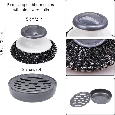 Stainless Steel Sponge Wool Scrubbers, Dish Metal Scrubber Dishwashing Sponge Dishes Scrub, Handheld Scrubbing Cleaner Brush Scouring Pad with Handle and Tray for Kitchen Cleaning 5 Pack (Grey) in Saudi Arabia