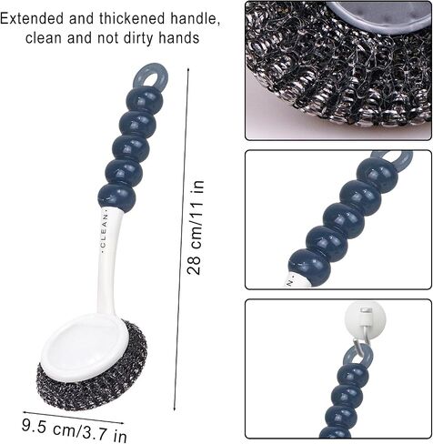 Stainless Steel Sponge Wool Scrubbers, Dish Metal Scrubber Dishwashing Sponge Dishes Scrub, Handheld Scrubbing Cleaner Brush Scouring Pad with Handle and Tray for Kitchen Cleaning 5 Pack (Grey) in Saudi Arabia